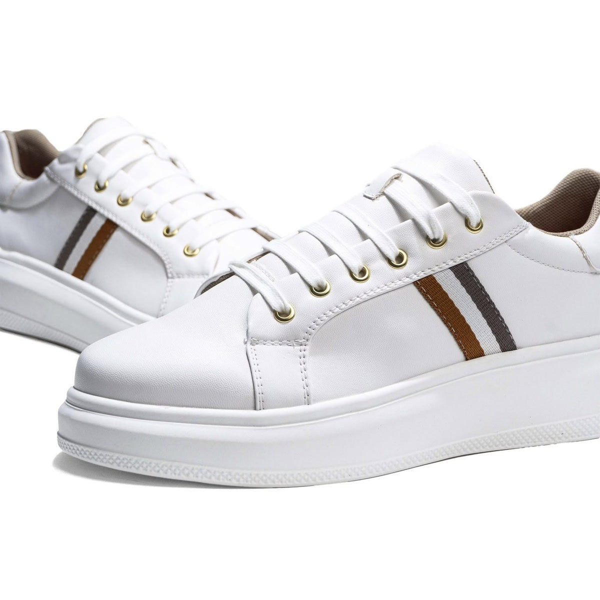 Tenis Hombre Sneakers Blancos Franjas Marrón, Gris