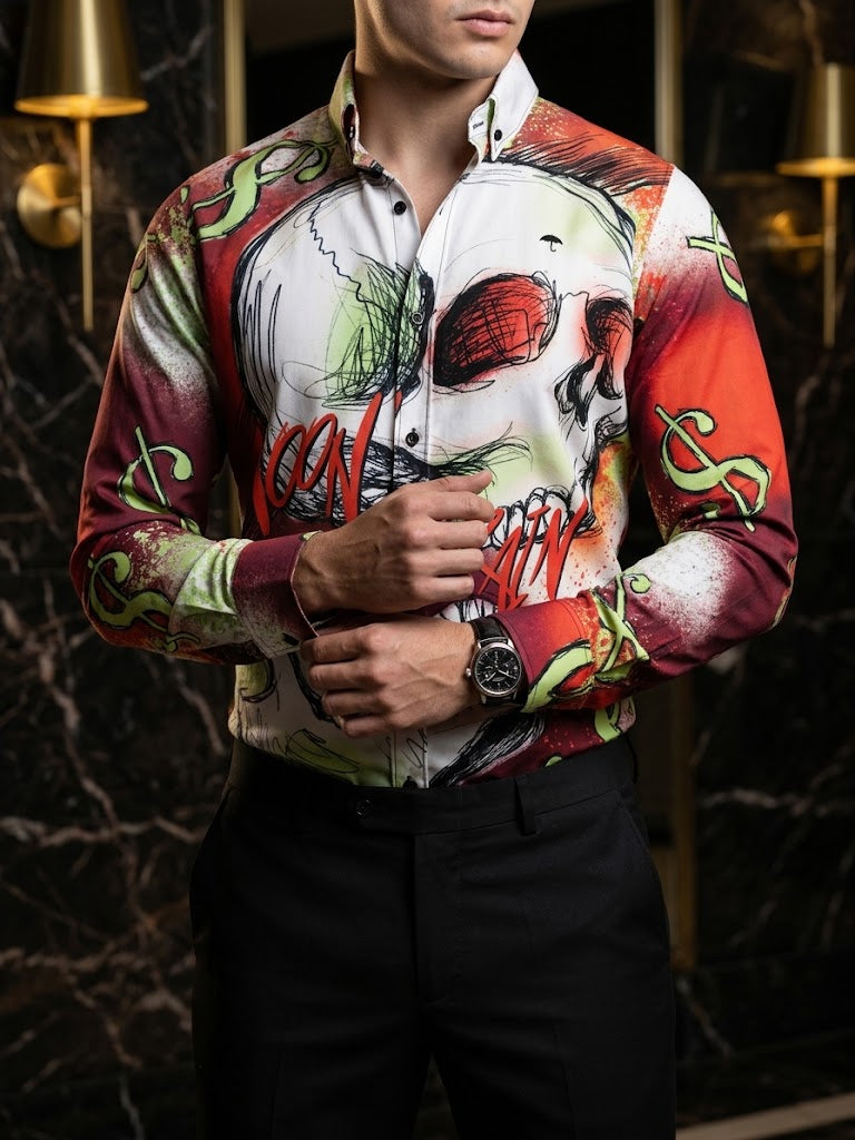 Men's Casual Slim Fit Red and Green Skull Shirt, Money