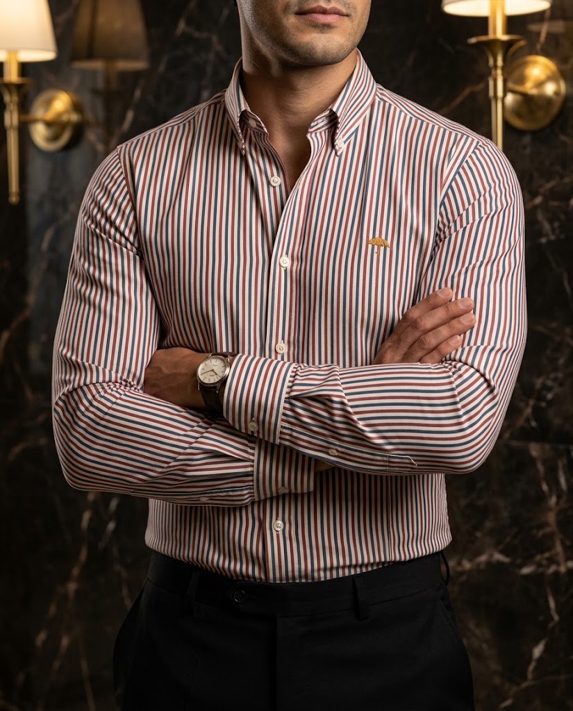 Camisa Hombre Casual Lineas Grises, Rojas Y Blancas