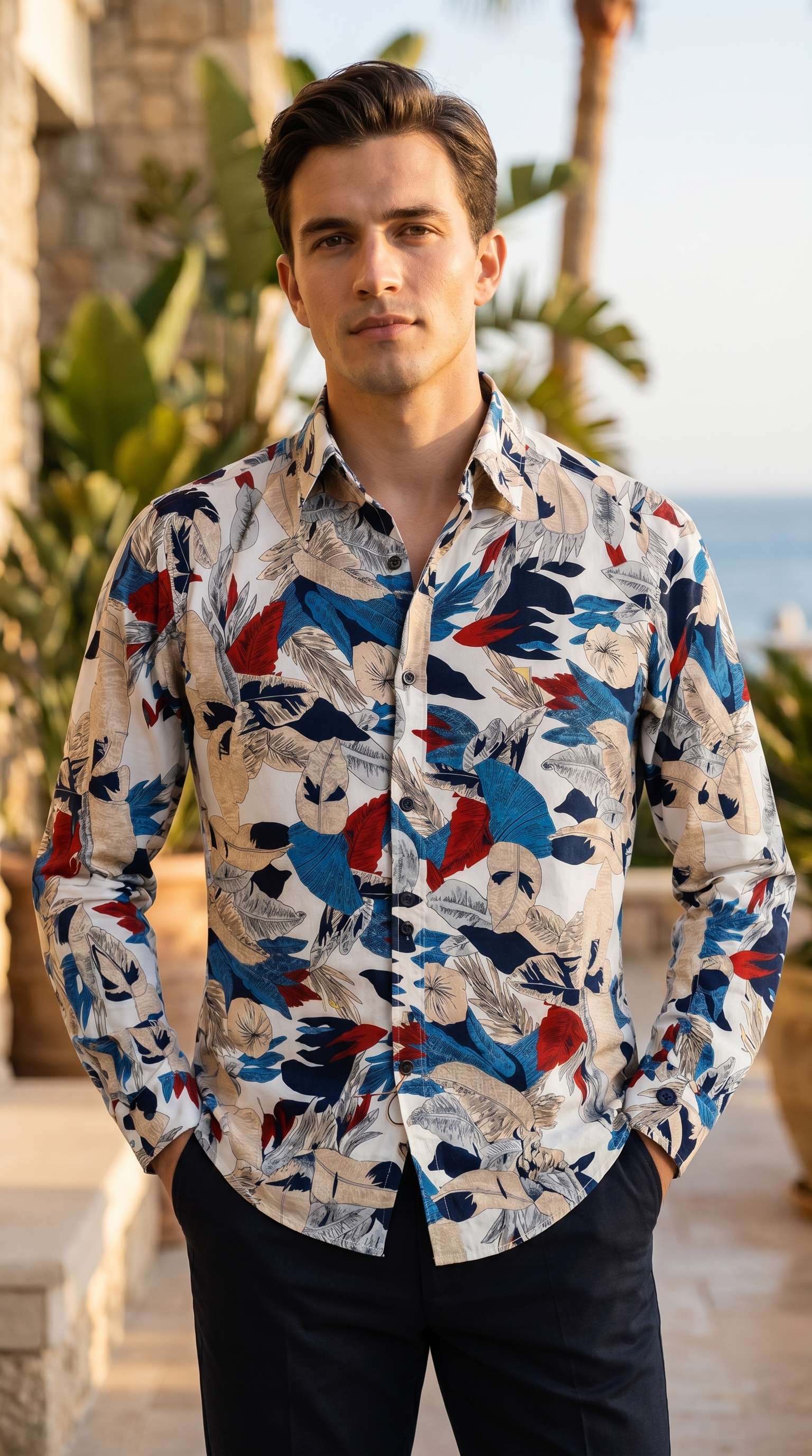 Camisa Hombre Casual Blanca Hojas Colores