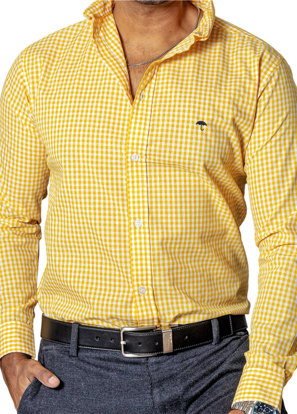 Camisa Hombre Casual Mini Cuadros Amarillos, Blancos - 34 (S)-Tiendas Platino