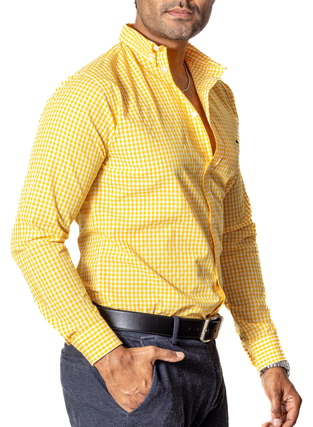 Camisa Hombre Casual Mini Cuadros Amarillos, Blancos - 34 (S)-Tiendas Platino