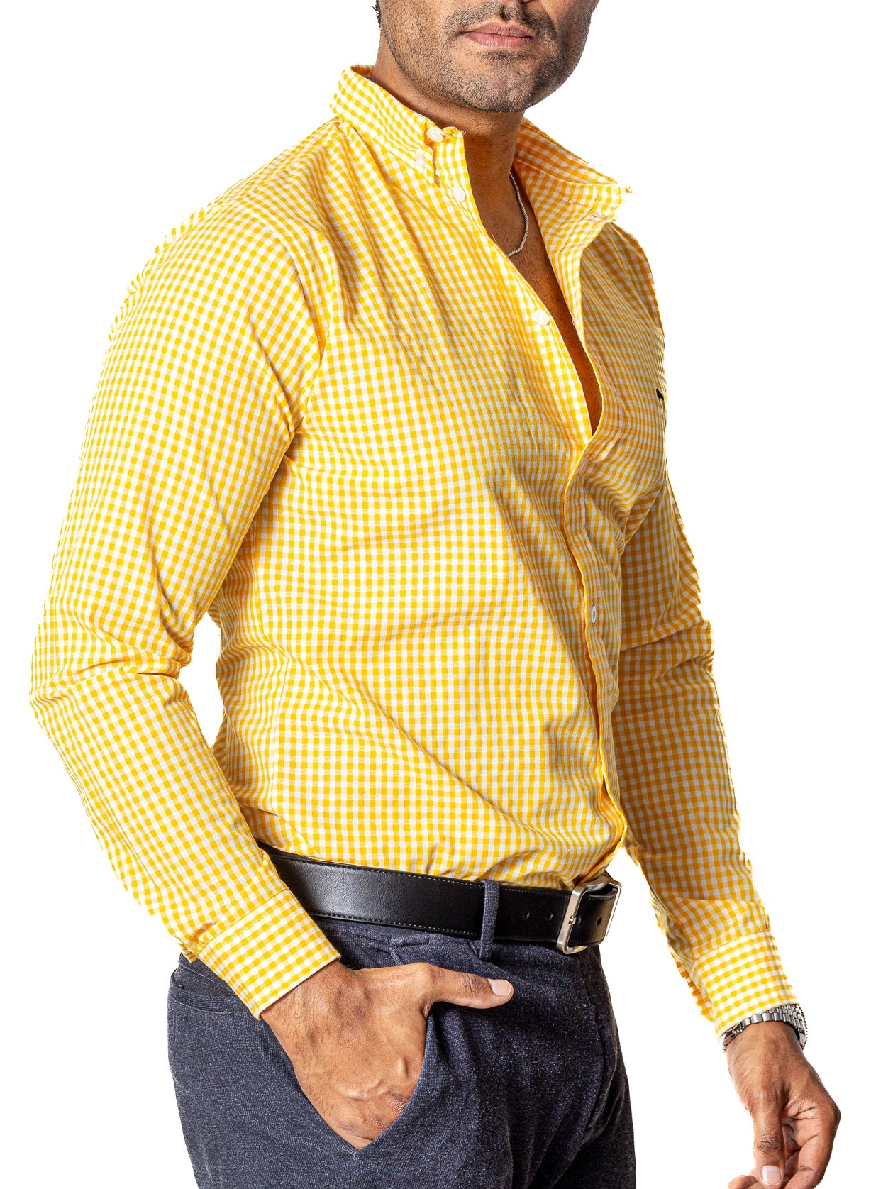 Camisa Hombre Casual Mini Cuadros Amarillos, Blancos - 34 (S)-Tiendas Platino