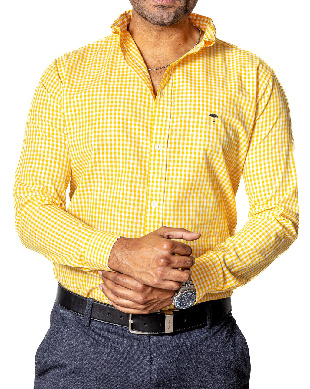 Camisa Hombre Casual Mini Cuadros Amarillos, Blancos - 34 (S)-Tiendas Platino