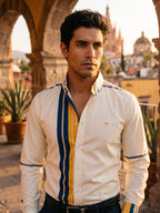 Moon & Rain | Camisa Casual Hombre, Crema Líneas Amarillo, Azul Marino