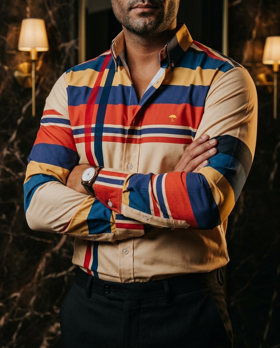 Moon & Rain | Camisa Casual Hombre, Melón Franjas Cafe Rosa Amarillo, Azul