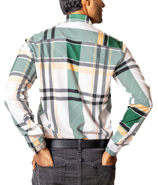 Camisa Casual Hombre Slim, Blanca Líneas Verde Y Amarilla