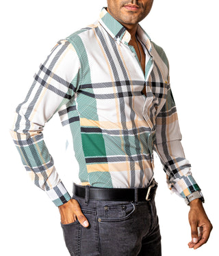 Camisa Casual Hombre Slim, Blanca Líneas Verde Y Amarilla