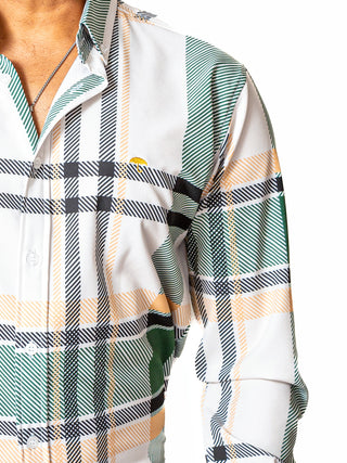 Camisa Casual Hombre Slim, Blanca Líneas Verde Y Amarilla