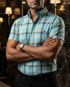 Moon & Rain | Camisa Casual Hombre, Azul Cielo Líneas Blanca, Amarilla Y Negro