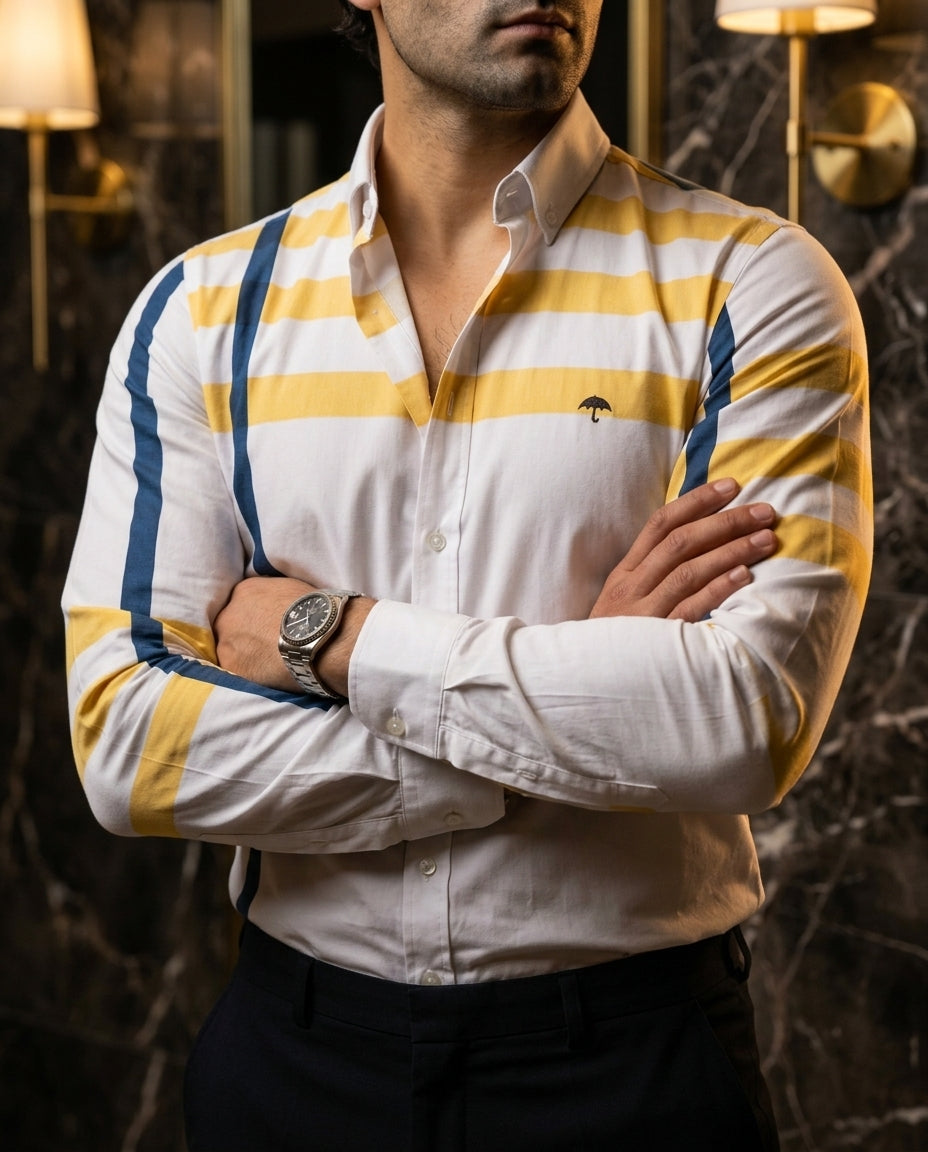 Camisa Hombre Azul Marino Amarillo — Navy Stripe | Moon & Rain
