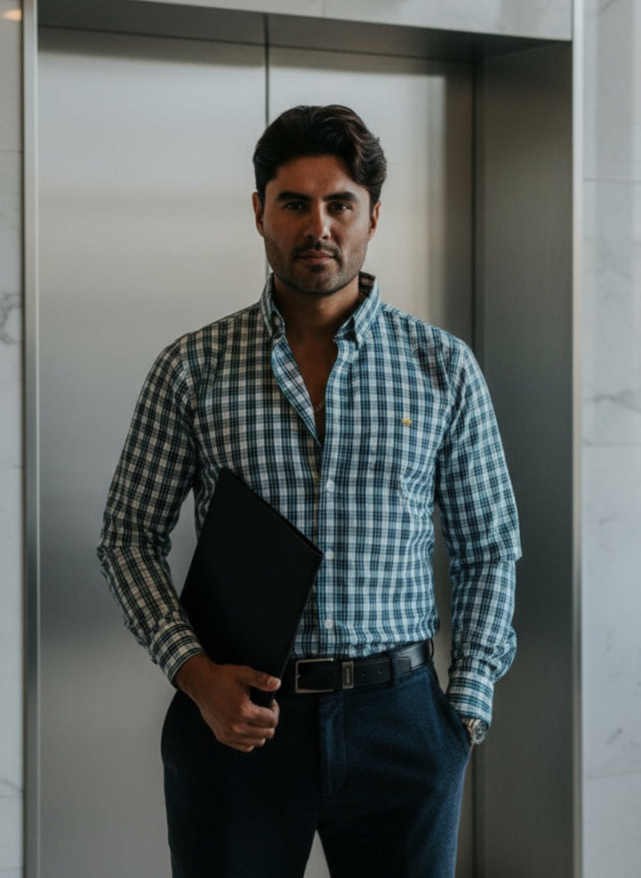 Camisa Hombre Casual Blanca Cuadros Verde y Azul Marino