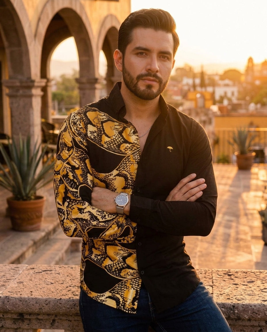 Men's Casual Slim Fit Black Snake Shirt