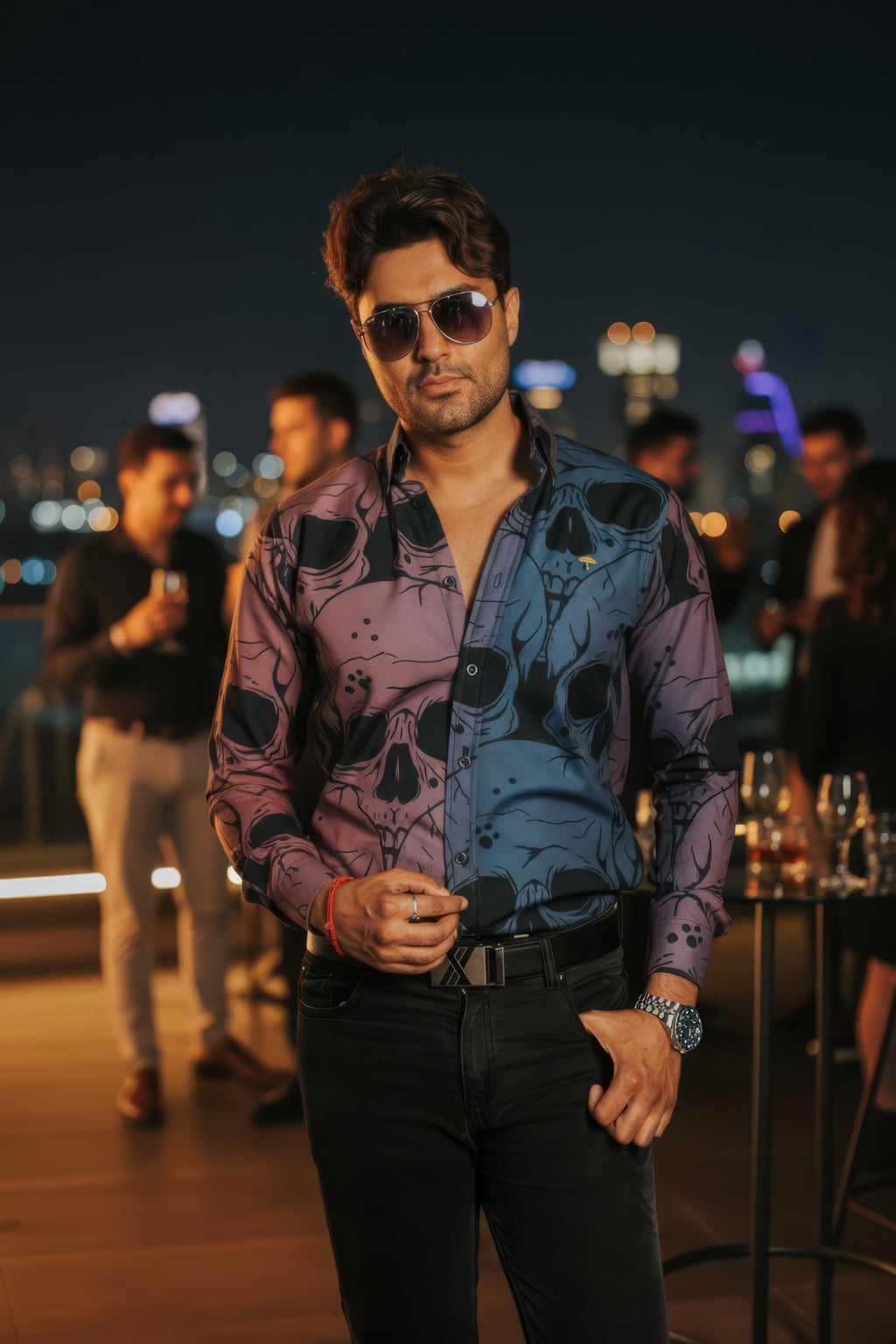 Camisa Hombre Casual Slim Fit Azul Y Rosa Mate Calaveras