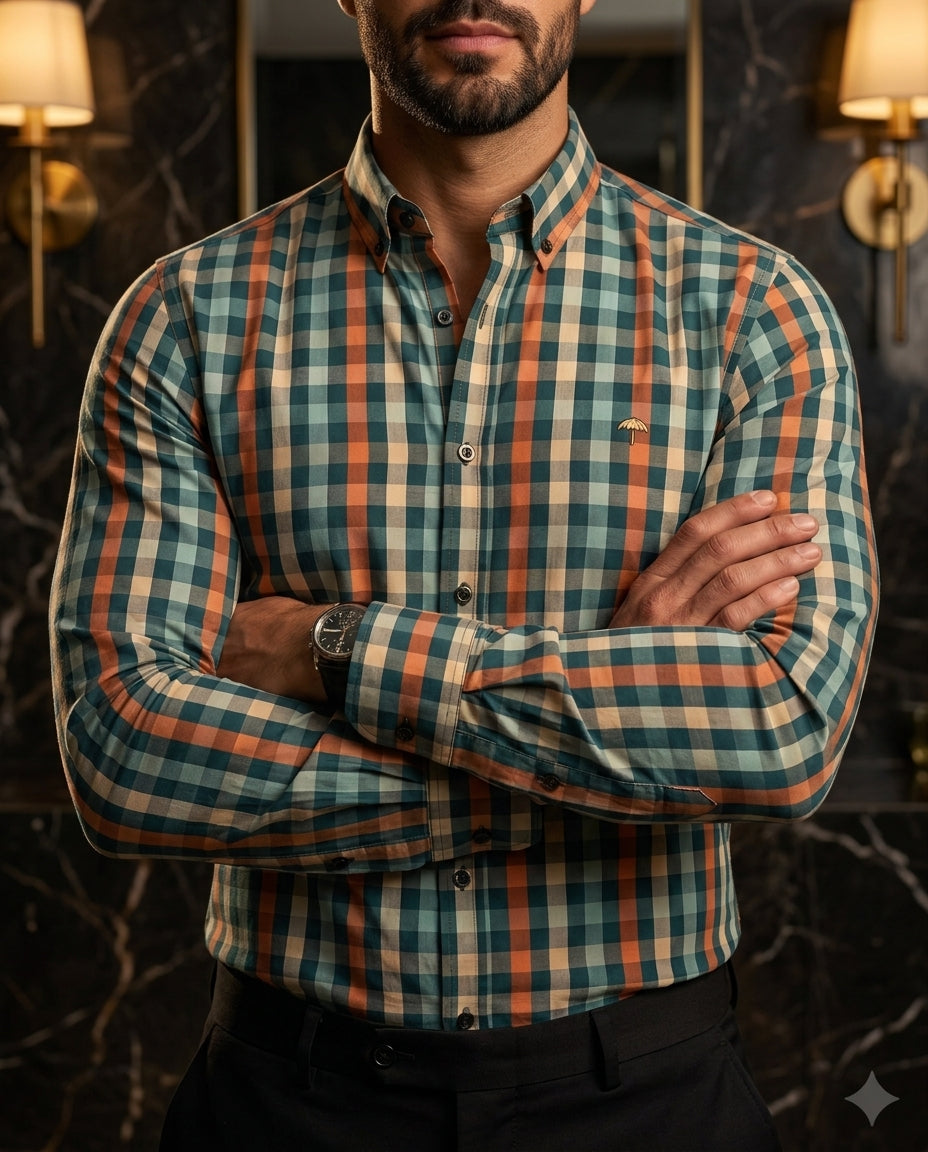 Camisa Hombre Casual Cuadros Verdes, Azul, Naranjas