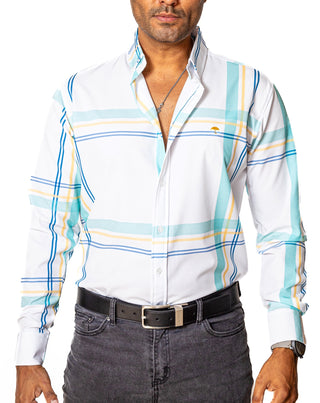 Camisa Casual Hombre Slim, Blanca Líneas Verde,amarillo,azul