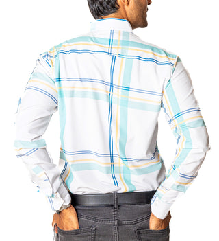 Camisa Casual Hombre Slim, Blanca Líneas Verde,amarillo,azul