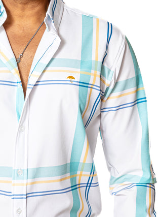 Camisa Casual Hombre Slim, Blanca Líneas Verde,amarillo,azul