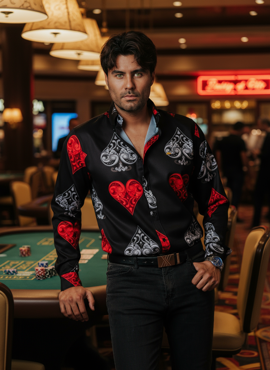 Camisa Hombre Casual Negra Picas Tréboles Corazón Rojo y Gris