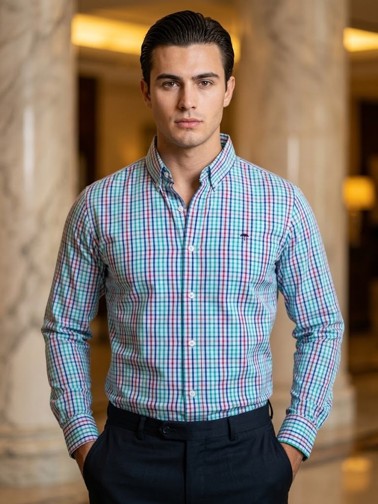 Camisa Hombre Cuadros Azul Verde — Forest Check | Moon & Rain