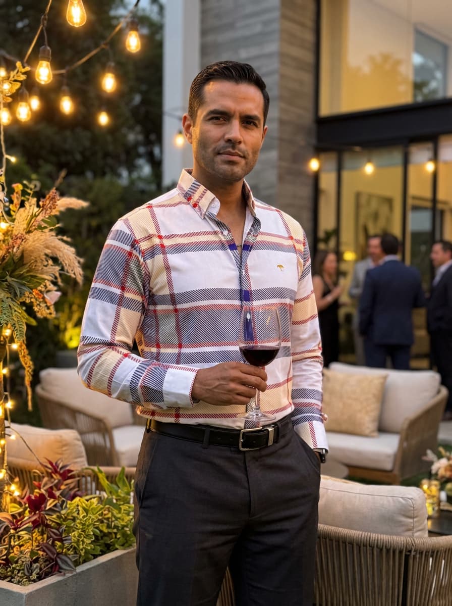 Camisa Hombre Casual Hueso Líneas Morado Rojo y Amarillo