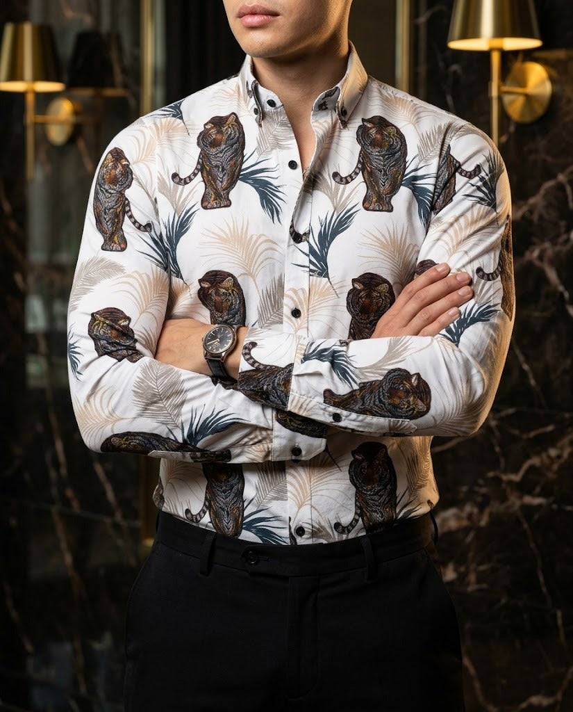 Men's Casual Slim Fit White Tiger Shirt with Leaves