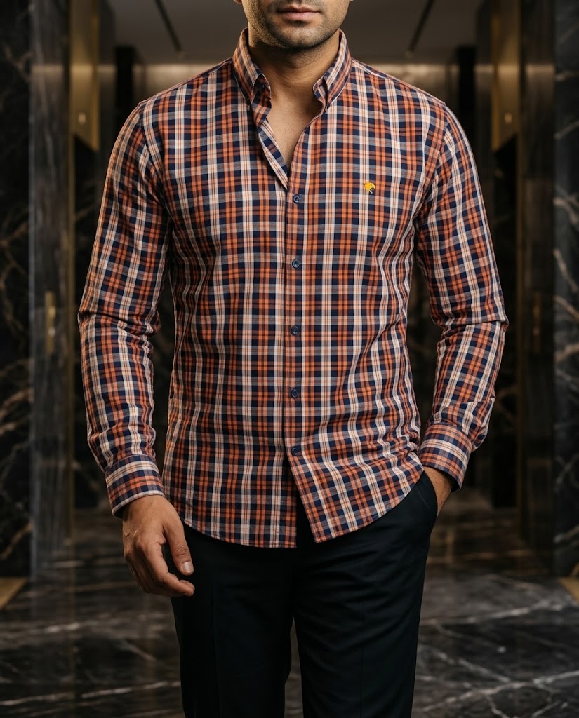 Camisa Hombre Cuadros Blanco Azul Naranja — Tropic Check | Moon & Rain