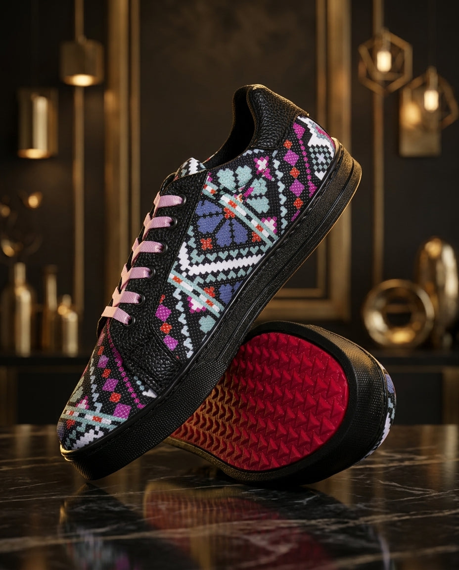 Tenis Unisex Negros Texturizados Mándala Cuadricular Rosa