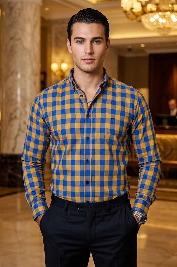 Camisa Hombre Cuadros Azul — Gold Check | Moon & Rain