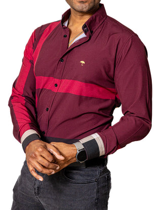 Camisa Casual Hombre Slim, Vino Líneas Beige,negro Y Rojo