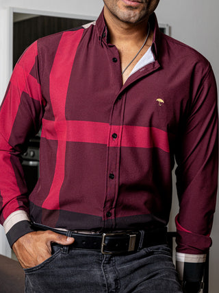 Camisa Casual Hombre Slim, Vino Líneas Beige,negro Y Rojo