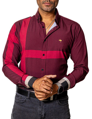 Camisa Casual Hombre Slim, Vino Líneas Beige,negro Y Rojo