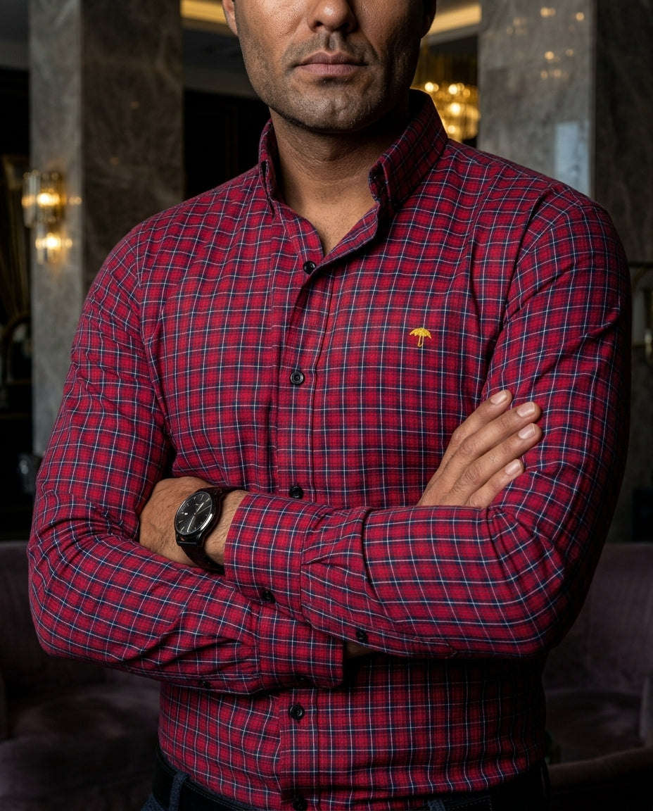 Men's Casual Shirt, Red Micro Check Navy Blue