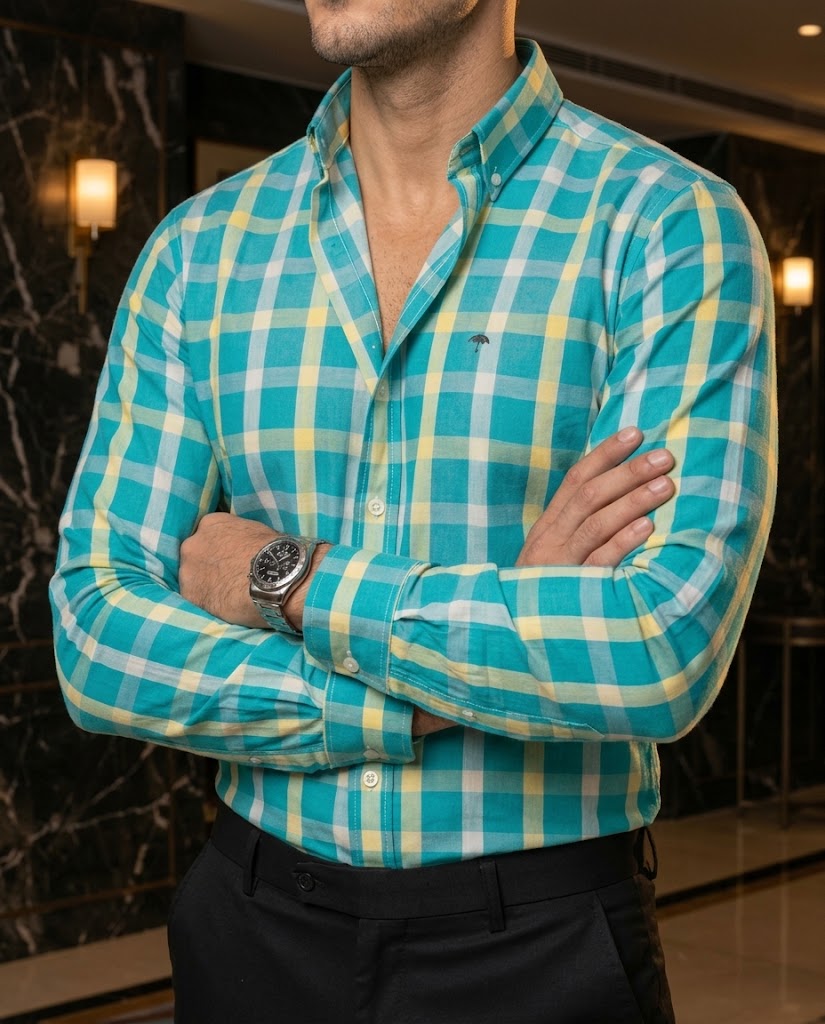 Camisa Hombre Cuadros Blanco Azul Verde — Mint Check | Moon & Rain