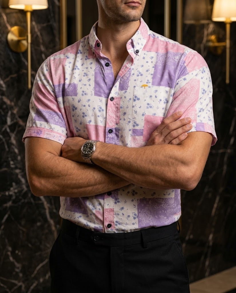 Men's Casual Short-Sleeved White Shirt with Pink Plaid Bandanas