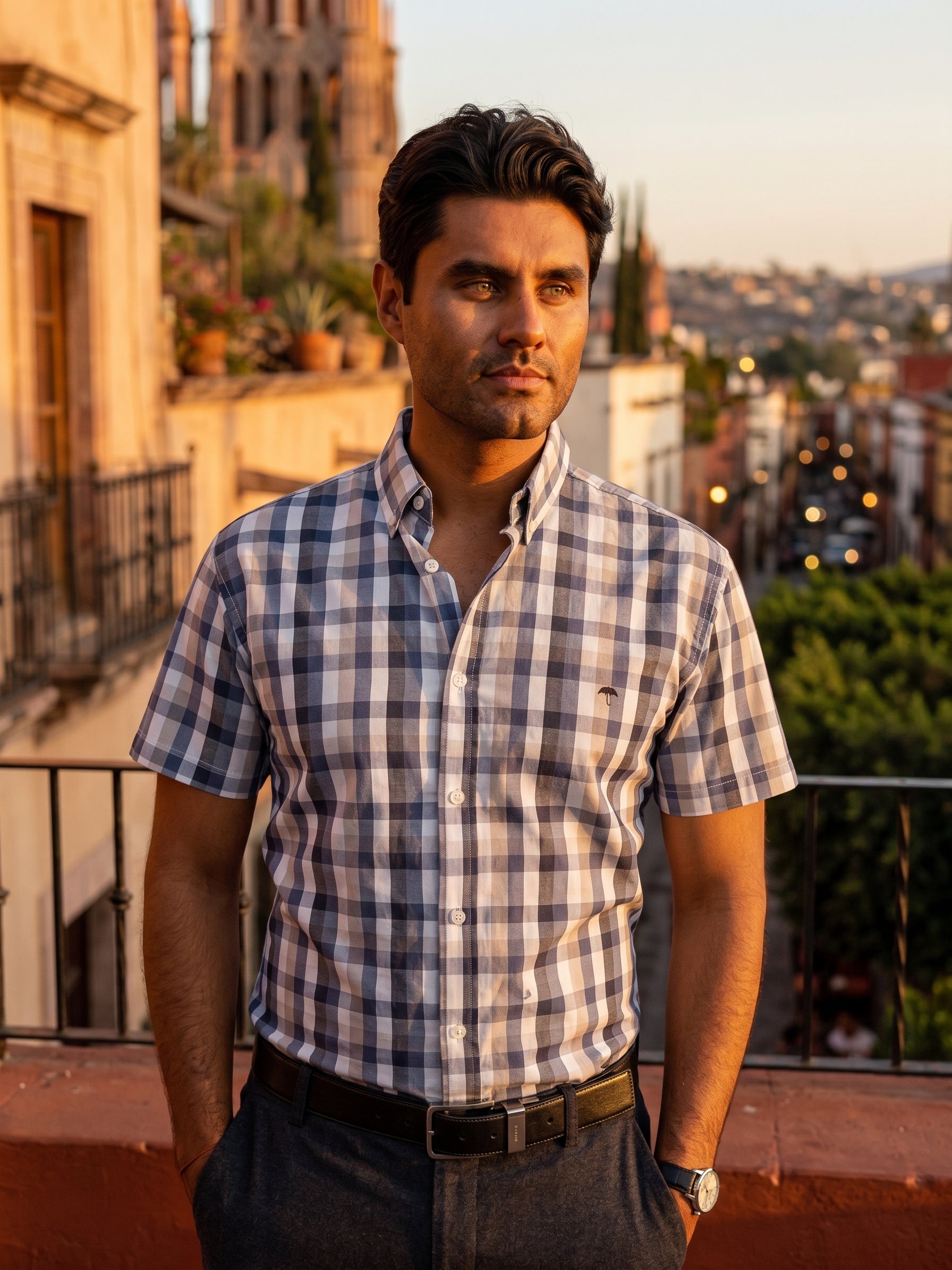 Moon & Rain | Camisa Casual Hombre, Cuadros Gris, Beige Y Blanco