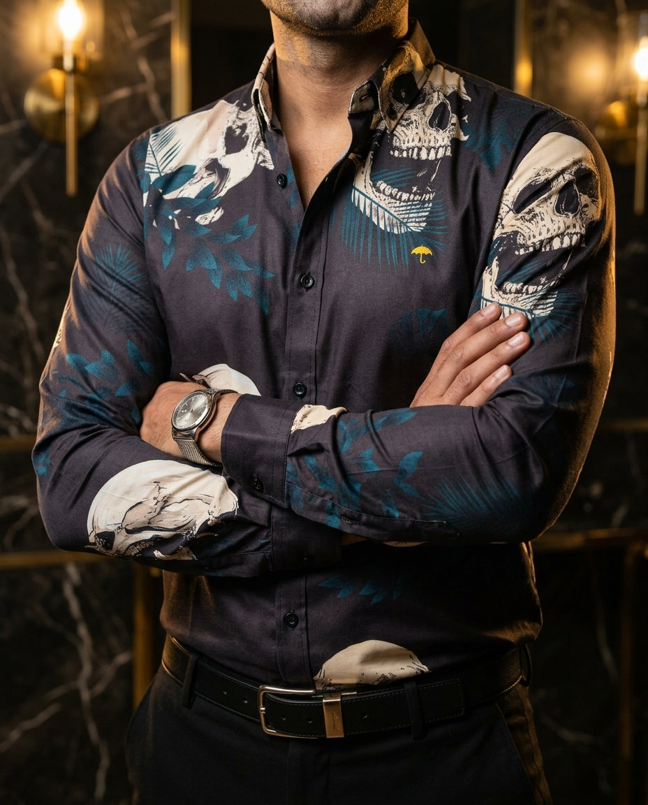 Camisa Hombre Estampado Negro Azul Beige — Azure Skull | Moon & Rain