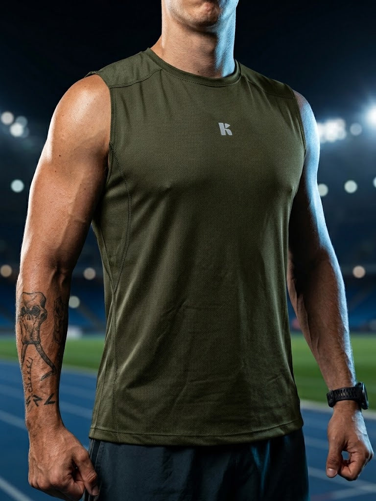Playera Sin Mangas Verde Militar Para Hombre Basic Kinestesia