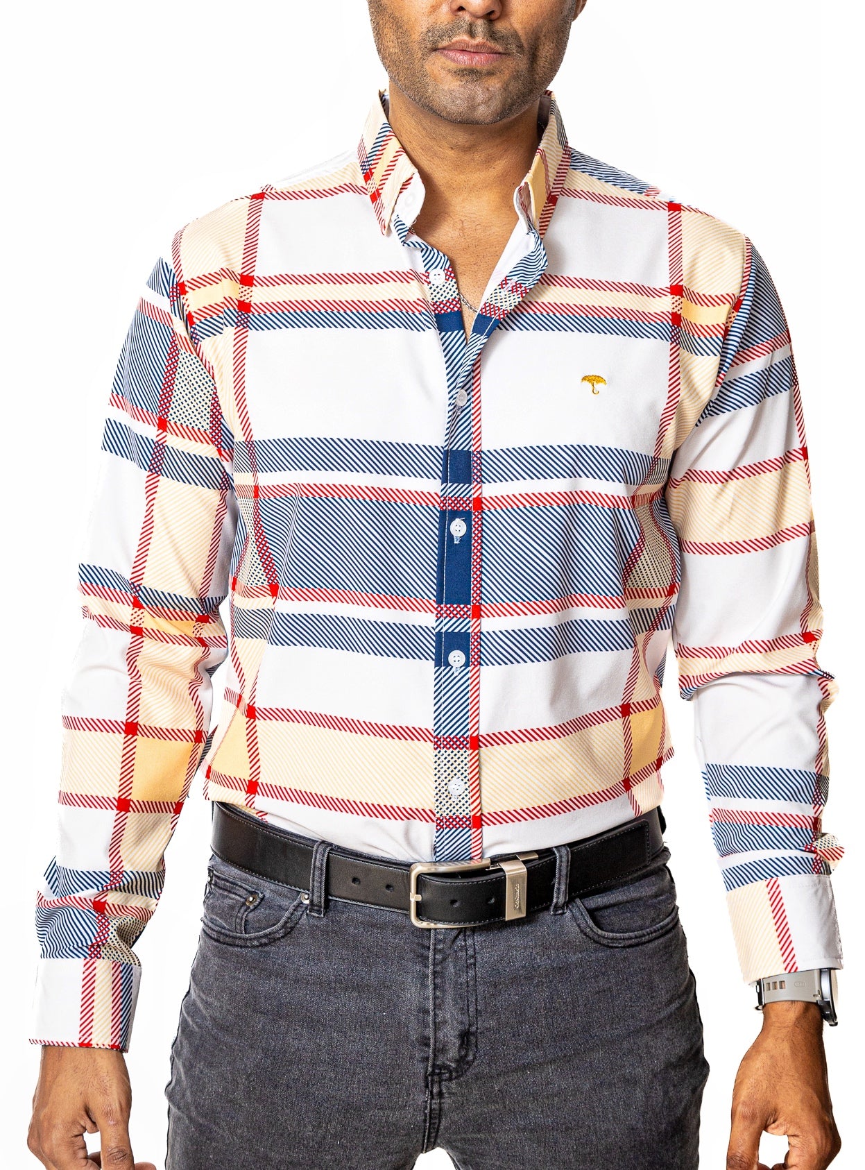 Camisa Casual Hombre Slim, Hueso Líneas Azul ,rojo, Amarillo - 34 (S)-Tiendas Platino