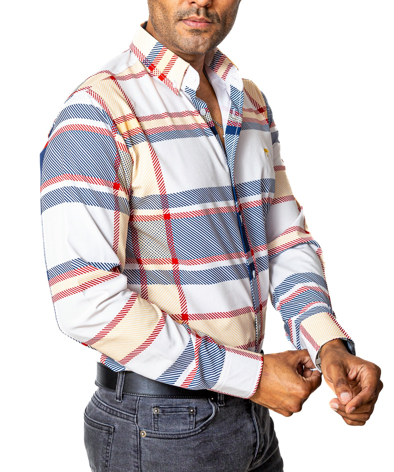 Camisa Casual Hombre Slim, Hueso Líneas Azul ,rojo, Amarillo - 34 (S)-Tiendas Platino