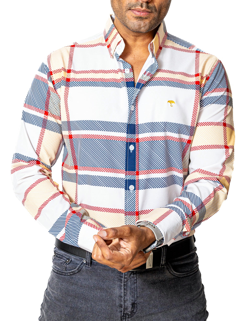 Camisa Casual Hombre Slim, Hueso Líneas Azul ,rojo, Amarillo - 34 (S)-Tiendas Platino