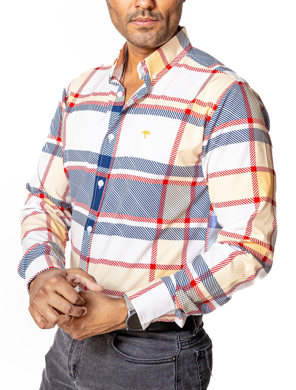 Camisa Casual Hombre Slim, Hueso Líneas Azul ,rojo, Amarillo - 34 (S)-Tiendas Platino