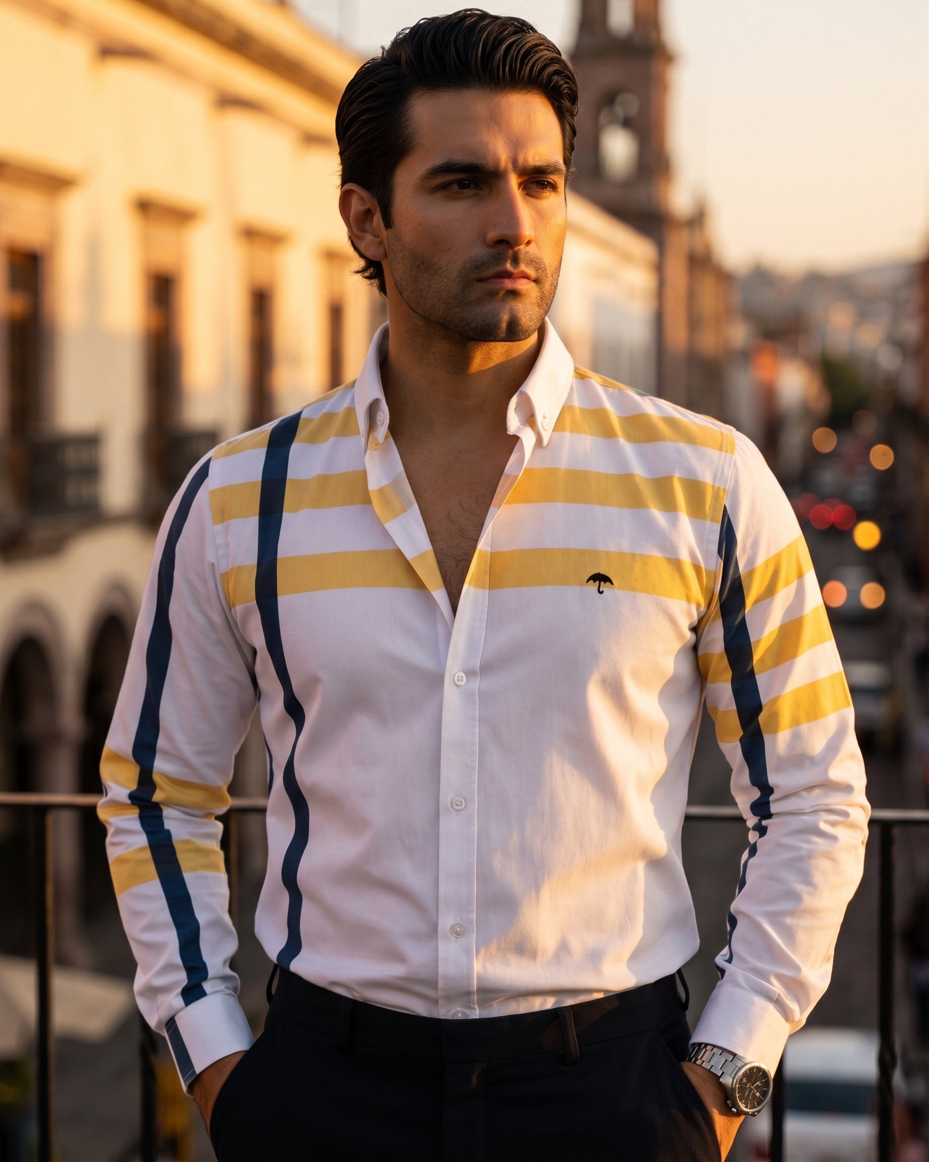 Camisa Hombre Azul Marino Amarillo — Navy Stripe | Moon & Rain