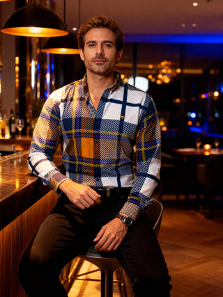 Camisa Hombre Casual Cuadro Naranja Blanco Linea Morado