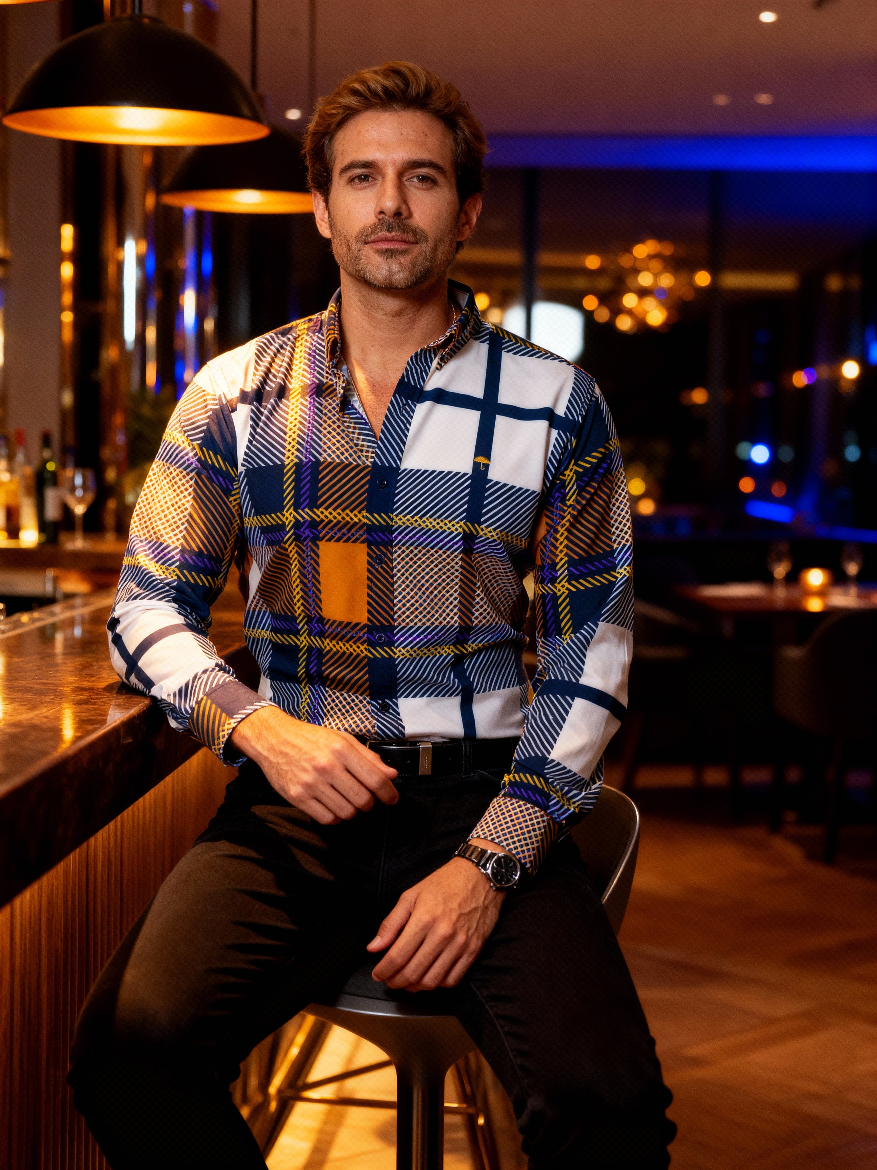 Camisa Hombre Casual Cuadro Naranja Blanco Linea Morado