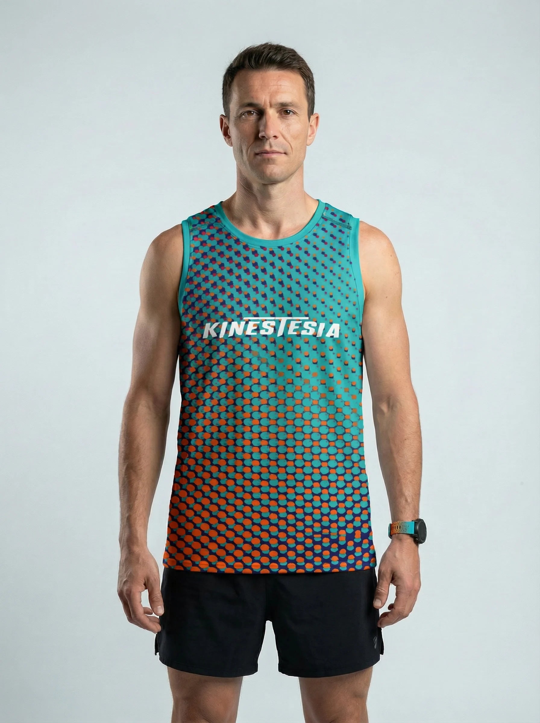 PLAYERA TANK HOMBRE SIN MANGAS PUNTOS TURQUESA NARANJA MIXED