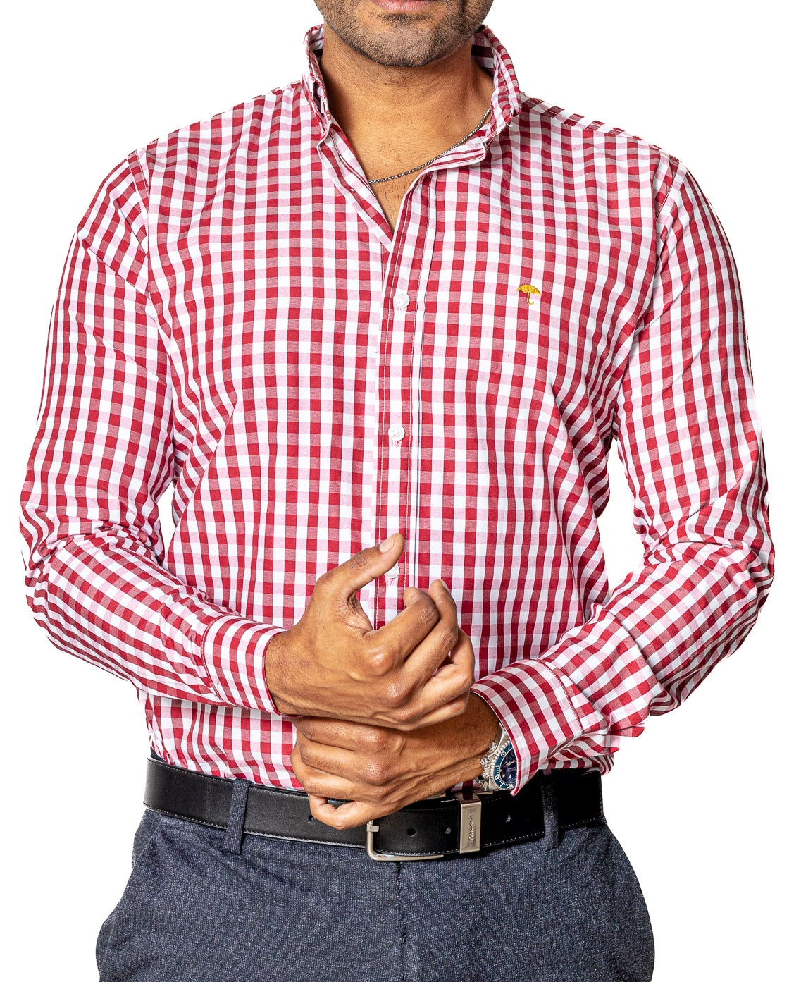 Camisa Hombre Casual Regular Fit Cuadros Grandes Blanco y Rojo - Tiendas Platino Camisas Hombre 34 (S)