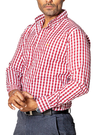 Camisa Hombre Casual Regular Fit Cuadros Grandes Blanco Y Rojo