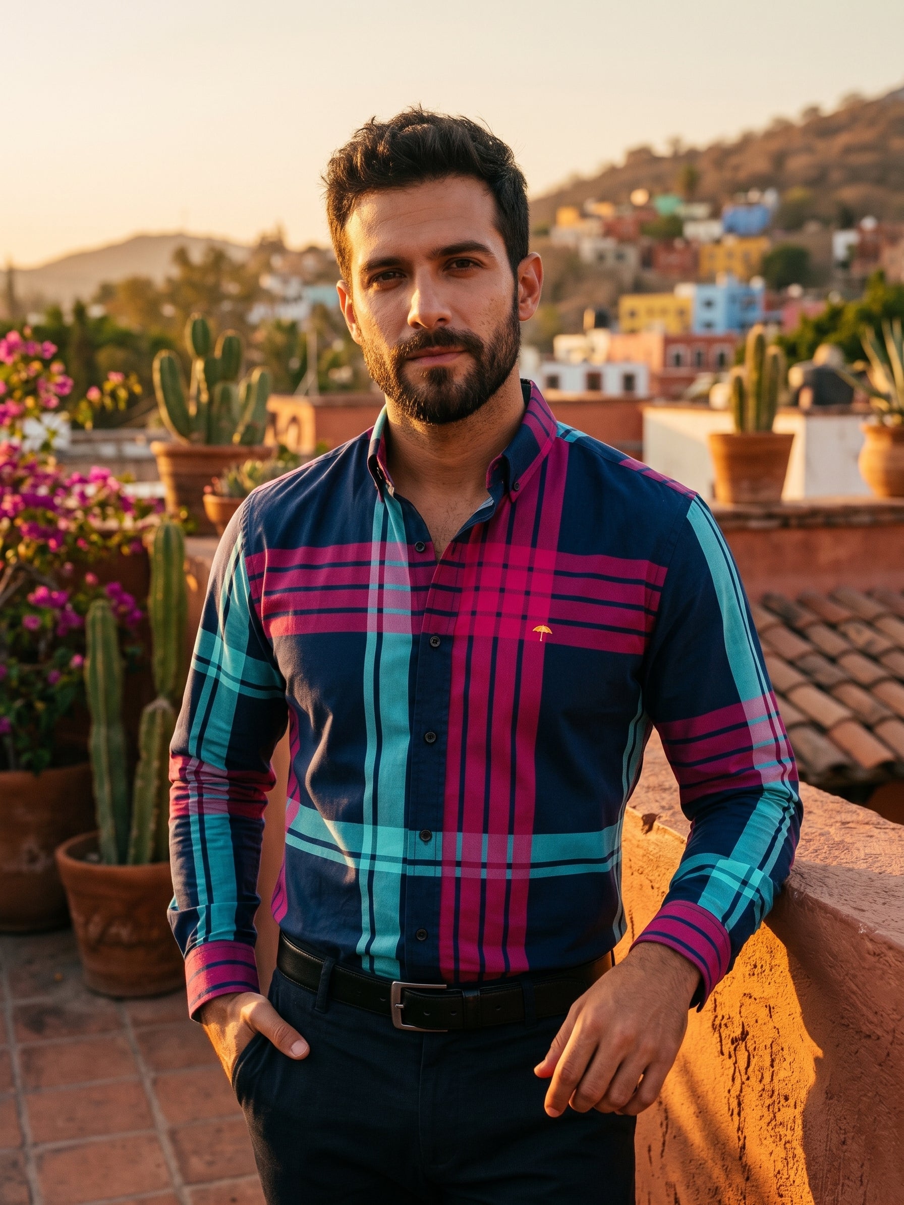 Moon & Rain | Camisa Casual Hombre, Azul Marino Líneas Rosa Y Azul Turquesa