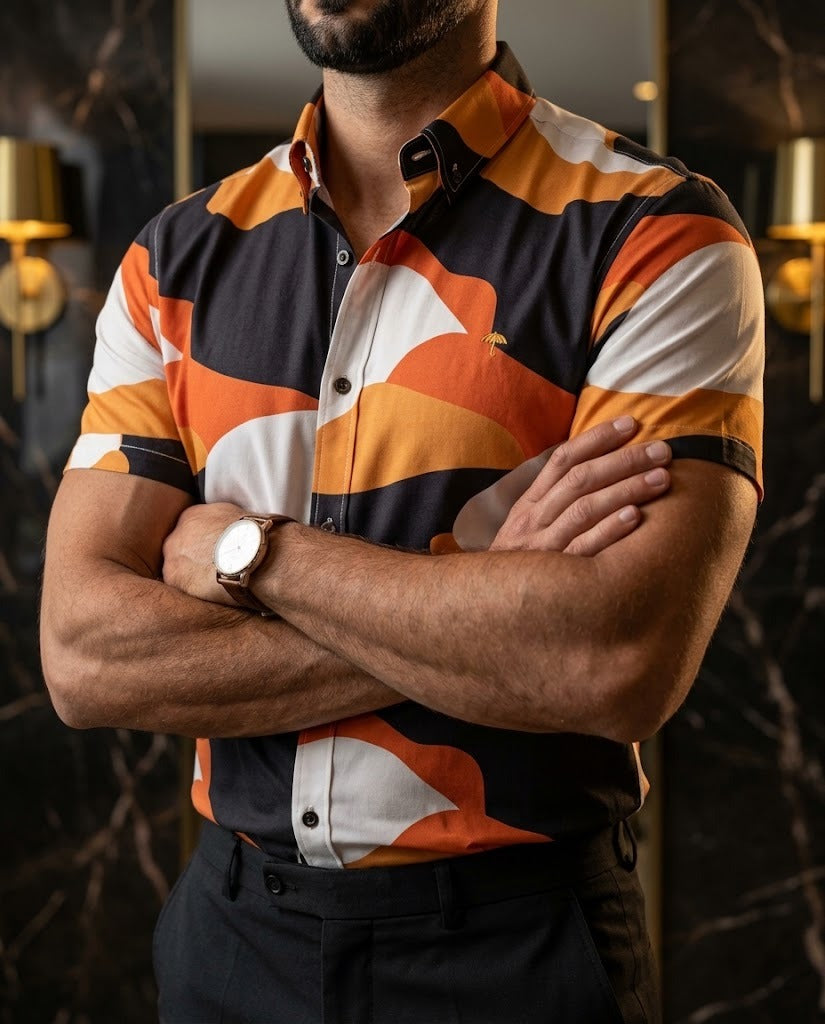 Men's Casual Shirt with Orange, Black, and White Figures